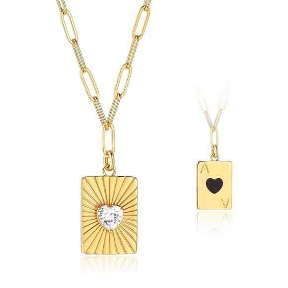 Black Ace of Hearts Necklace 2 Side Poker Pendant Gold Plate Cubic Zirconia Gift - Picture 1 of 6